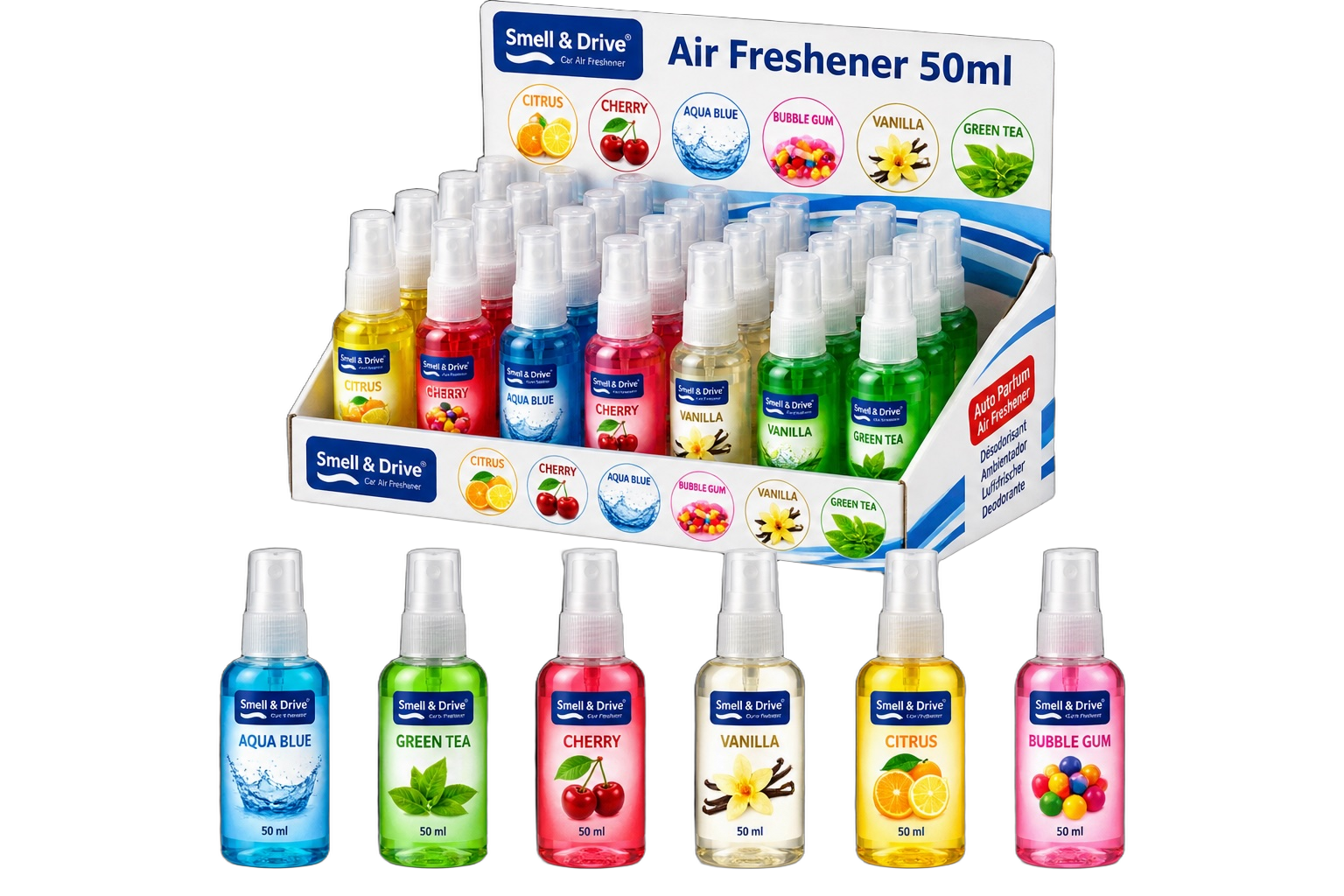 Smelldrive retail display with 50ml sprays